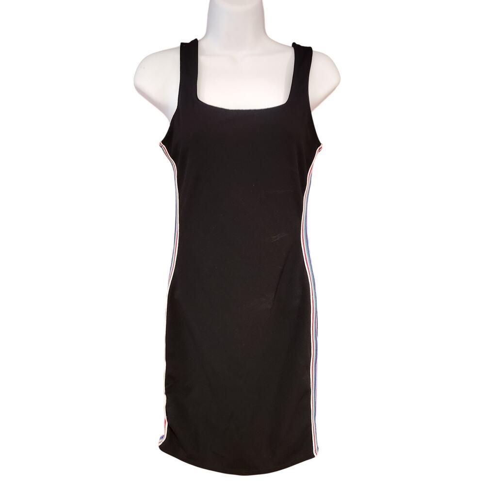 Vintage TIMING Black Mini Fitted Dress‎ With Multi Colored Stripes On Sides Sz S
